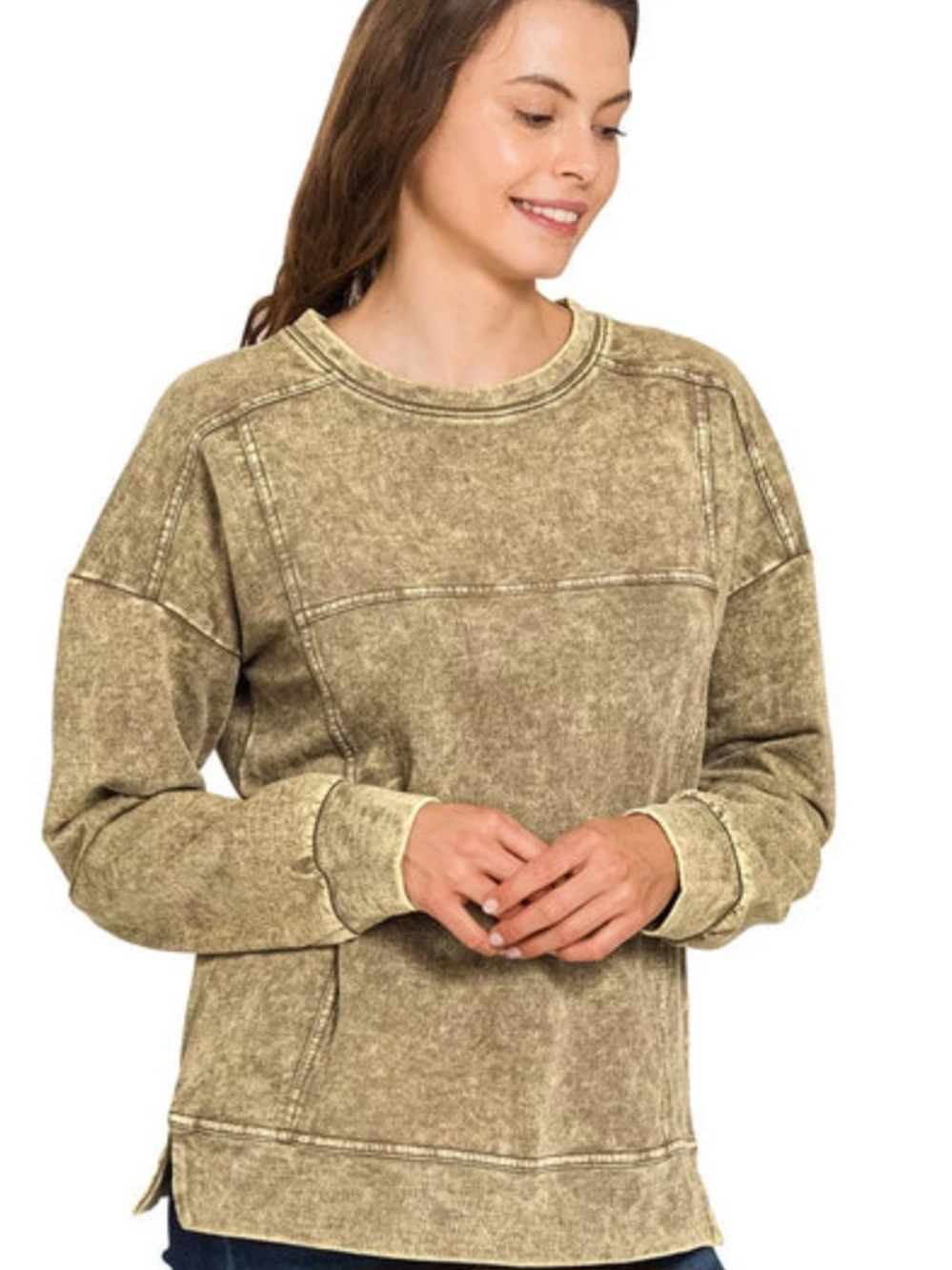 Washed Olive Crewneck Sweater shirt - Women's Casual Pullover